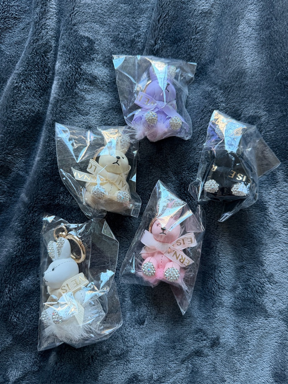 Five new Crystal Paw Bunny Keychain Charm - Assorted  Colors